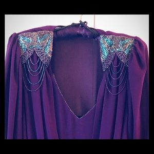 VTG 90s 20s Casadei sheer Purple Beaded midi handkerchief blouson Dress size 8